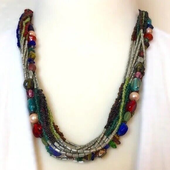 Layered Beaded Necklace Silver Tone Multicolor Multi Strand Statement 23in - Picture 7 of 7